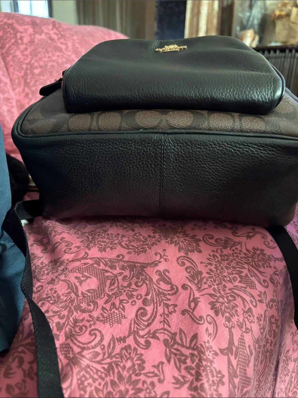 Coach court Signature canvas & pebbled Black Leather Backpack w/dusty